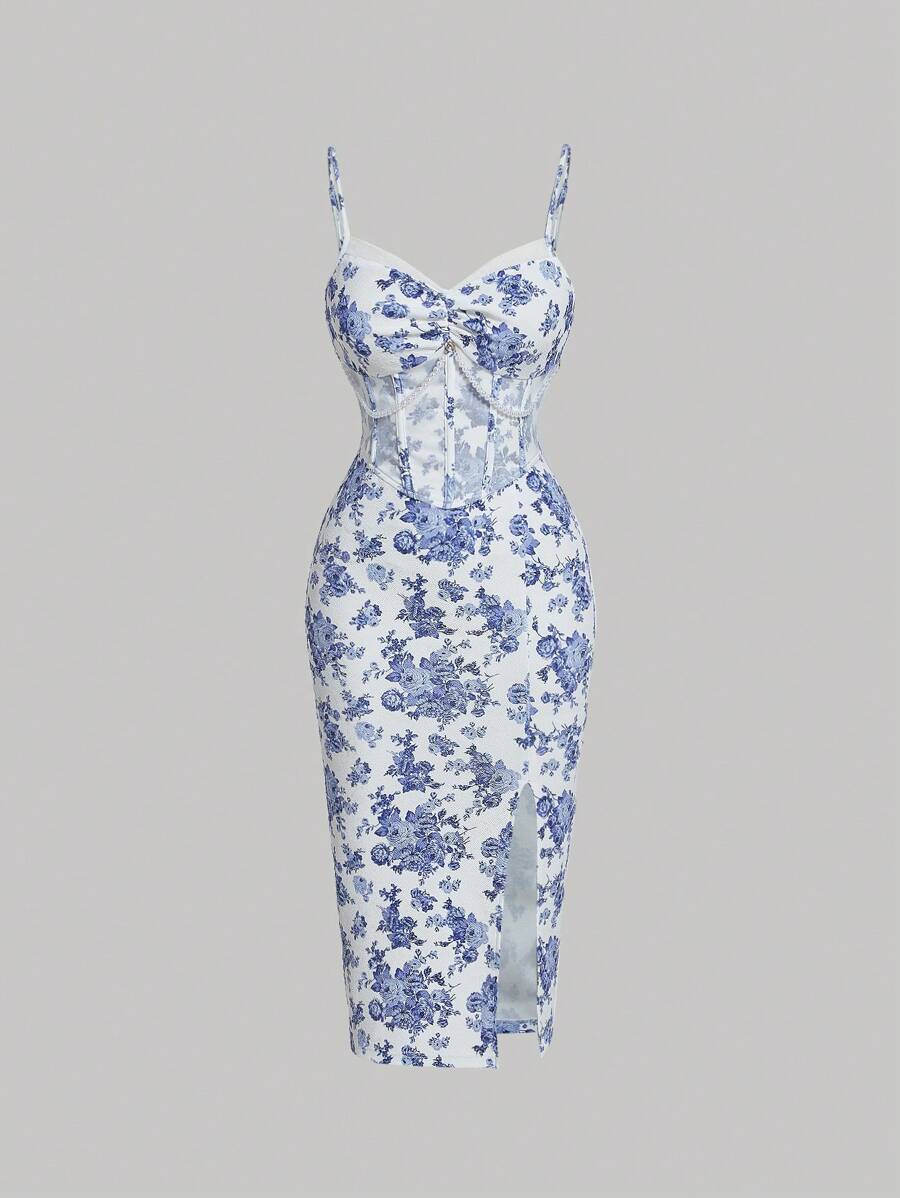 SHEIN MOD Floral Print Split Thigh Cami Dress - Blue and White - View 1