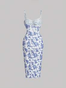 SHEIN MOD Floral Print Split Thigh Cami Dress - Blue and White - View 2