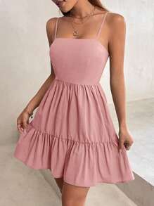 SHEIN PETITE Solid Ruffle Hem Cami Dress - Dusty Pink - View 3