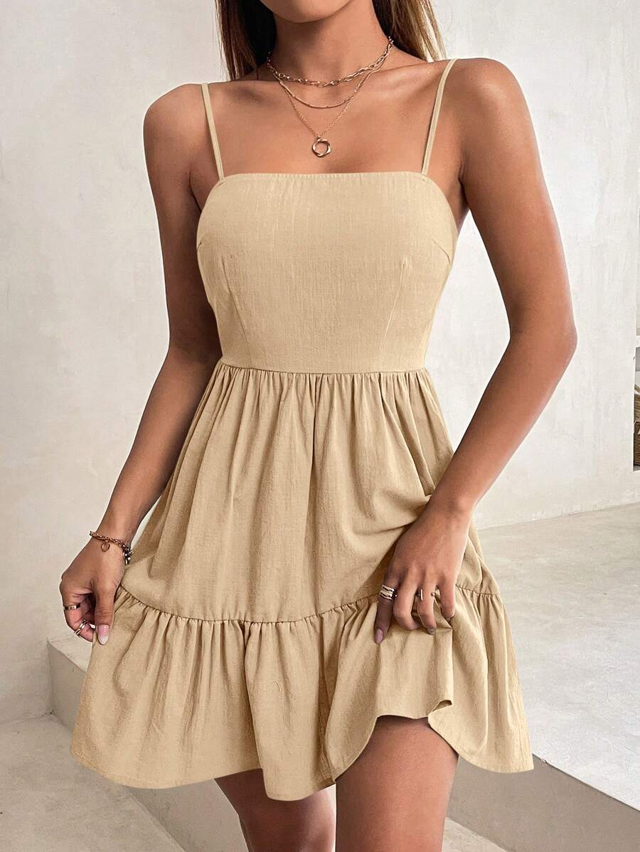 SHEIN PETITE Solid Ruffle Hem Cami Dress - Khaki - View 1