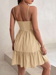 SHEIN PETITE Solid Ruffle Hem Cami Dress - Khaki - View 2