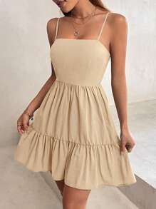 SHEIN PETITE Solid Ruffle Hem Cami Dress - Khaki - View 5