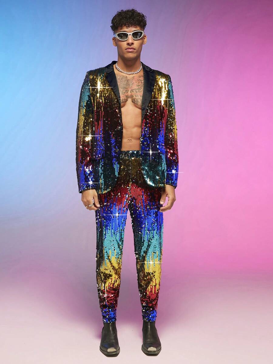 FeverCity Men Lapel Collar Sequin Blazer & Pants Set - Multicolor - View 1