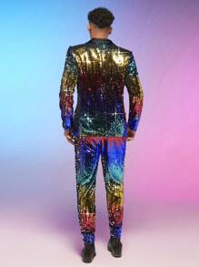 FeverCity Men Lapel Collar Sequin Blazer & Pants Set - Multicolor - View 2