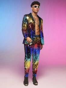 FeverCity Men Lapel Collar Sequin Blazer & Pants Set - Multicolor - View 3