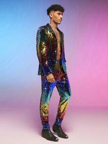 FeverCity Men Lapel Collar Sequin Blazer & Pants Set - Multicolor - View 4