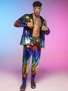 FeverCity Men Lapel Collar Sequin Blazer & Pants Set - Multicolor - View 5