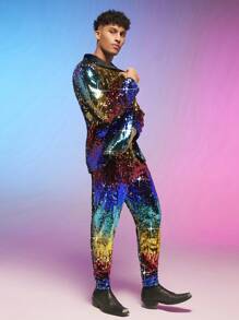 FeverCity Men Lapel Collar Sequin Blazer & Pants Set - Multicolor - View 6