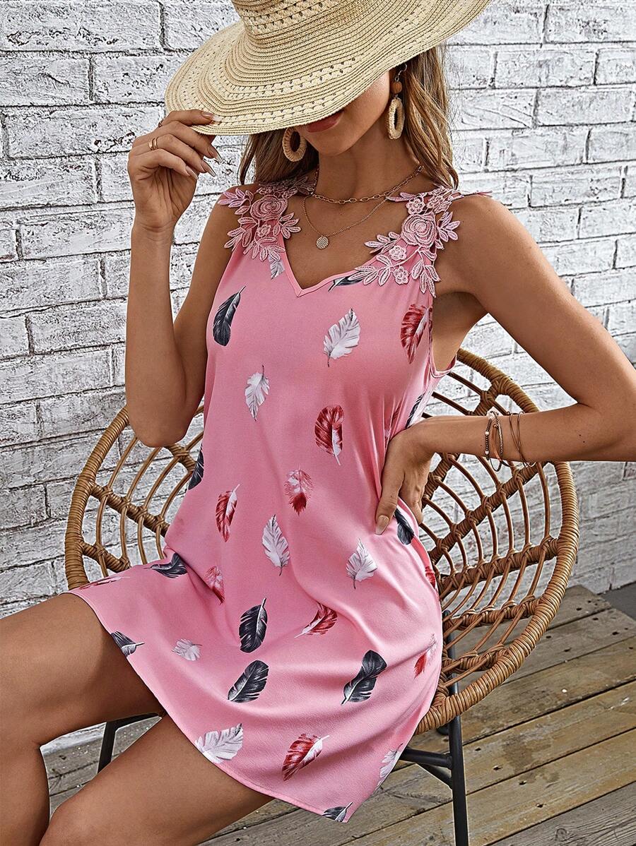 SHEIN LUNE 羽毛印花凸花蕾絲貼花連衣裙 - 藕粉色 - 查看 1