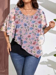 SHEIN Clasi 大碼印花不對稱下擺蝴蝶袖T恤 - 藕粉色 - 查看 1