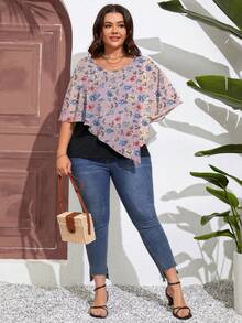 SHEIN Clasi 大碼印花不對稱下擺蝴蝶袖T恤 - 藕粉色 - 查看 3