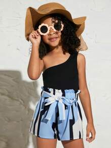 SHEIN Bộ thời trang bé gái Thắt lưng Gân đan Quần paper-bag Hình học Giải trí - Nhiều màu - Xem 1