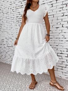 Calvaya Plus Eyelet Embroidery Ruffle Hem Dress - White - View 1