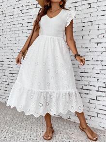 Calvaya Plus Eyelet Embroidery Ruffle Hem Dress - White - View 4