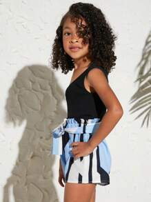 SHEIN Bộ thời trang bé gái Thắt lưng Gân đan Quần paper-bag Hình học Giải trí - Nhiều màu - Xem 5