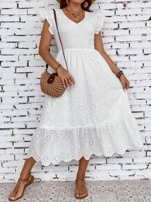 Calvaya Plus Eyelet Embroidery Ruffle Hem Dress - White - View 5