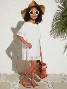 SHEIN 小女童鏤空T恤連衣裙 - 白色 - 查看 3