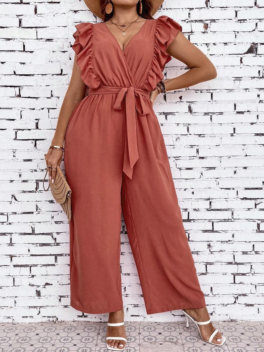 SHEIN Clasi Plus Ruffle Trim Belted Wide Leg Jumpsuit | SHEIN USA