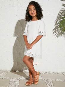 SHEIN 小女童鏤空T恤連衣裙 - 白色 - 查看 5