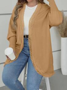 SHEIN Franclia 大碼蕾絲拼接落肩袖開襟開衫 - 卡其色 - 查看 4