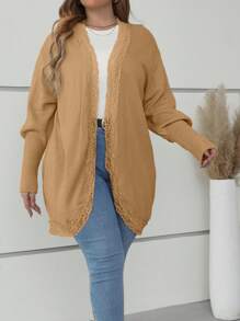 SHEIN Franclia 大碼蕾絲拼接落肩袖開襟開衫 - 卡其色 - 查看 1