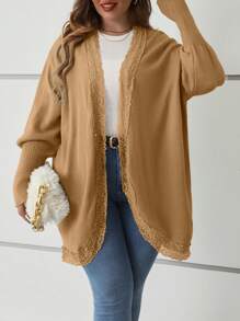 SHEIN Franclia 大碼蕾絲拼接落肩袖開襟開衫 - 卡其色 - 查看 3