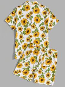 Manfinity RebelGame 男款全印向日葵圖案襯衫和束口腰帶短褲 - 彩色 - 查看 2