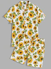 Manfinity RebelGame 男款全印向日葵圖案襯衫和束口腰帶短褲 - 彩色 - 查看 5