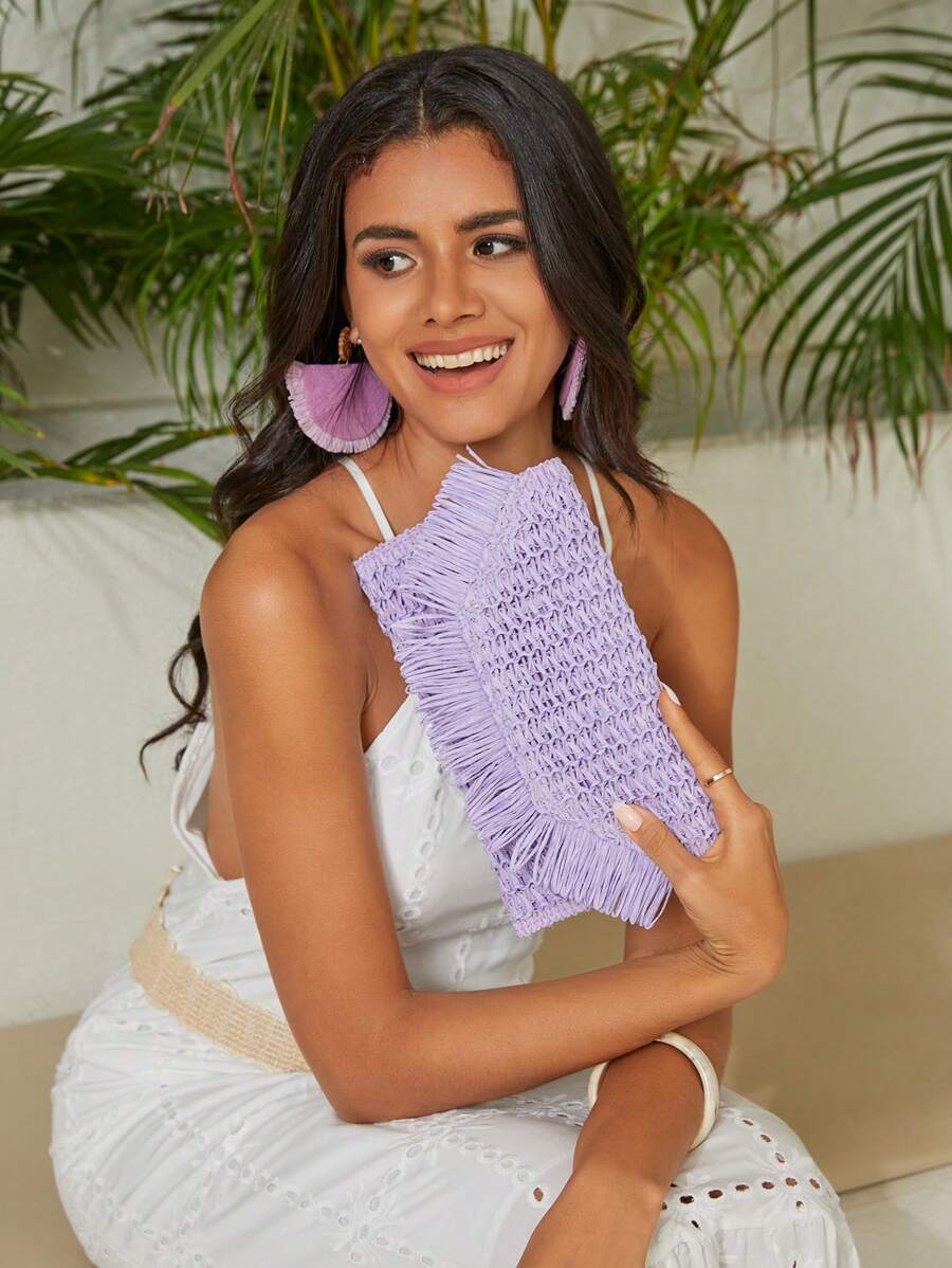 SHEIN VCAY Bolso de mano tejido de paja, minimalista y con estilo, adecuado para uso diario, con decoración de borlas - Púrpura malva - Ver 1