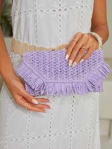 SHEIN VCAY Bolso de mano tejido de paja, minimalista y con estilo, adecuado para uso diario, con decoración de borlas - Púrpura malva - Ver 3