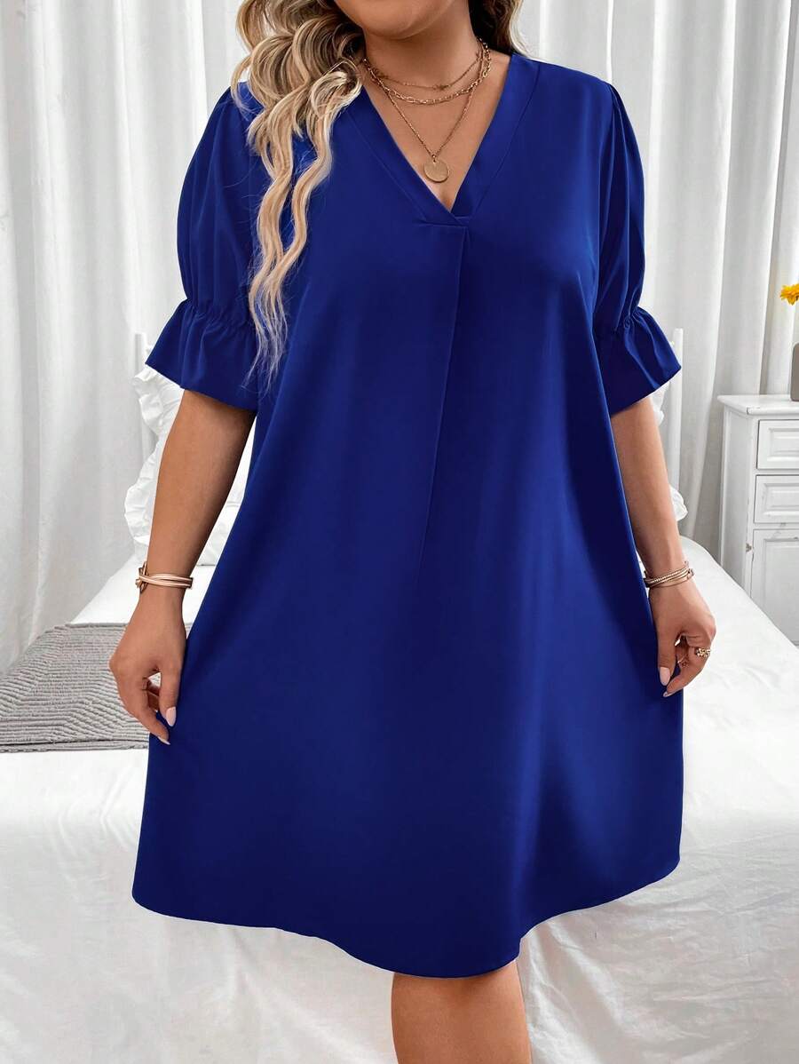 SHEIN LUNE Plus Solid Flounce Sleeve Tunic Dress - Royal Blue - View 1