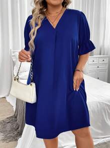 SHEIN LUNE Plus Solid Flounce Sleeve Tunic Dress - Royal Blue - View 5