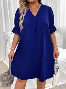 SHEIN LUNE Plus Solid Flounce Sleeve Tunic Dress - Royal Blue - View 6
