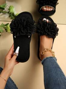 Fall/Winter Women Flower Decor Bedroom Slippers, Fashion Indoor Home Slippers - Black - View 1