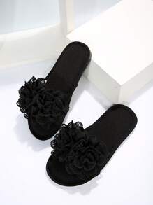 Fall/Winter Women Flower Decor Bedroom Slippers, Fashion Indoor Home Slippers - Black - View 2