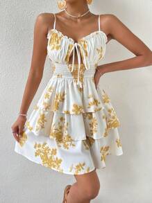 SHEIN VCAY Floral Print Tie Front Ruched Bust Frill Trim Cami Dress