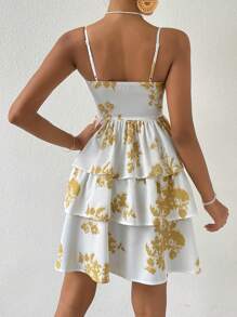 SHEIN VCAY Floral Print Tie Front Ruched Bust Frill Trim Cami Dress