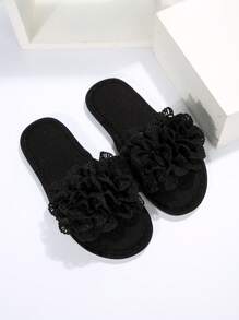 Fall/Winter Women Flower Decor Bedroom Slippers, Fashion Indoor Home Slippers - Black - View 5