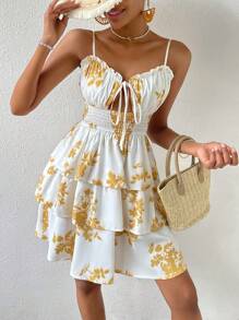 SHEIN VCAY Floral Print Tie Front Ruched Bust Frill Trim Cami Dress