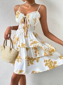 SHEIN VCAY Floral Print Tie Front Ruched Bust Frill Trim Cami Dress