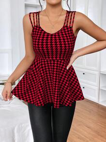 SHEIN Privé Houndstooth Print Peplum Top - Red - View 1