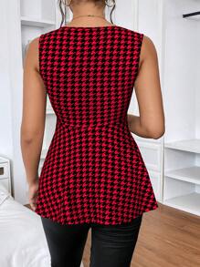 SHEIN Privé Houndstooth Print Peplum Top - Red - View 2