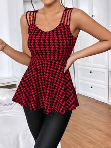 SHEIN Privé Houndstooth Print Peplum Top - Red - View 3