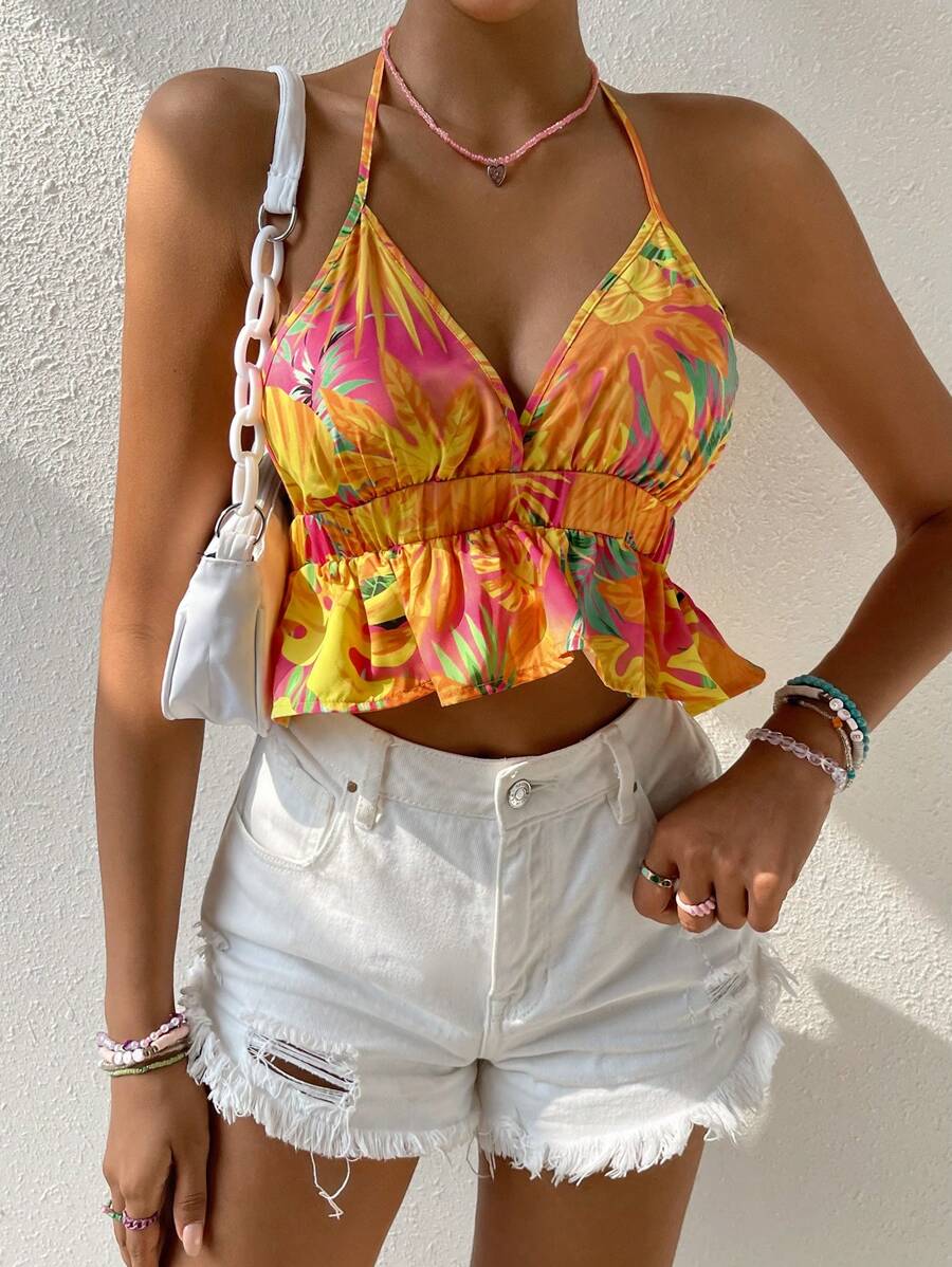 SHEIN VCAY 熱帶圖案荷葉邊掛脖上衣 - 彩色 - 查看 1