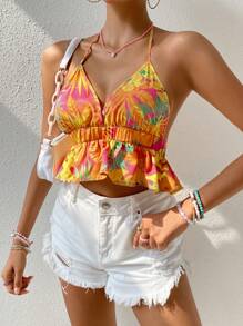 SHEIN VCAY 熱帶圖案荷葉邊掛脖上衣 - 彩色 - 查看 6