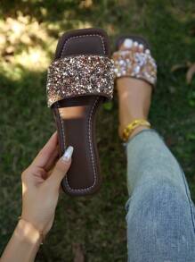 Women Rhinestone Decor Slide Sandals, Glamorous Glass Flat Sandals - Coffee Brown - View 1
