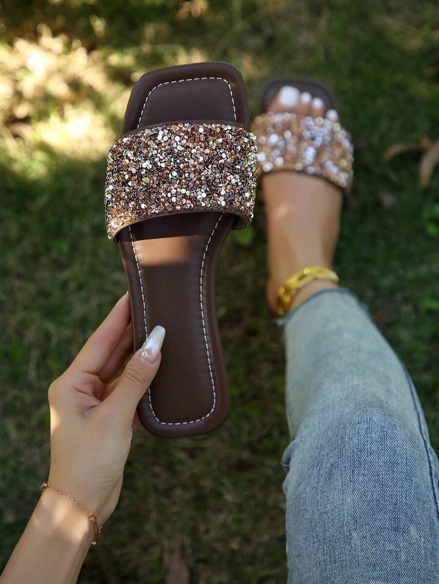 Women Rhinestone Decor Slide Sandals, Glamorous Glass Flat Sandals - Coffee Brown - View 1