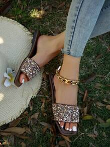 Women Rhinestone Decor Slide Sandals, Glamorous Glass Flat Sandals - Coffee Brown - View 2