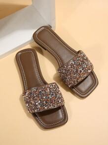 Women Rhinestone Decor Slide Sandals, Glamorous Glass Flat Sandals - Coffee Brown - View 3