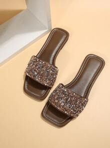Women Rhinestone Decor Slide Sandals, Glamorous Glass Flat Sandals - Coffee Brown - View 4